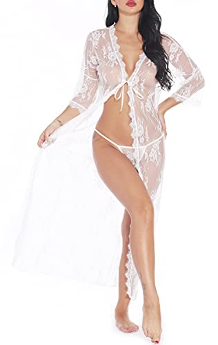 ShinyStar Damen Dessous Kleid Lang Kimono Spitzekleid Negligee Nachtwäsche Transparente Robe Set mit G-String Weiß XL von ShinyStar