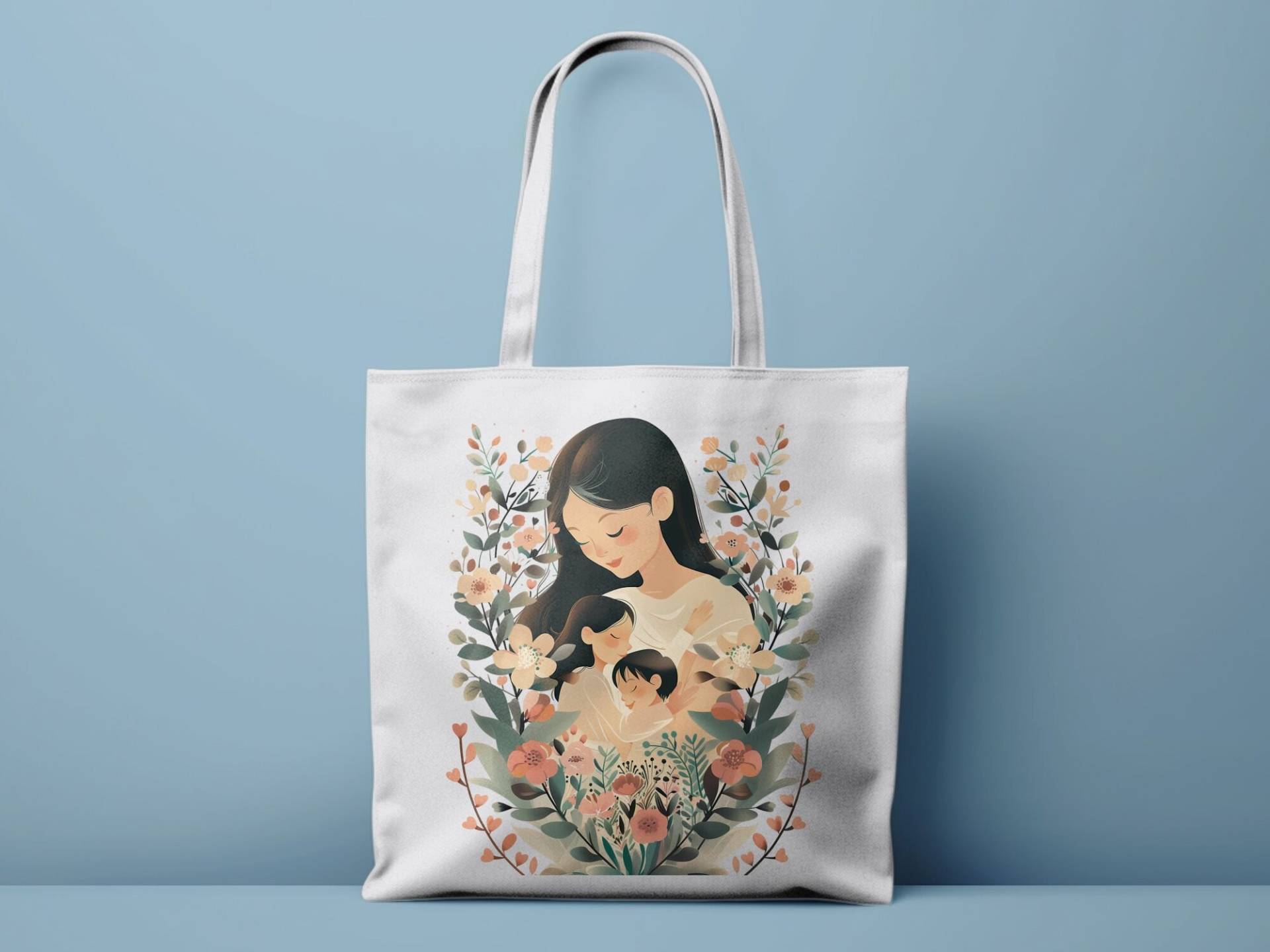 Muttertags-Einkaufstasche, Blumenillustration Mit Mutter Und Kind, Perfektes Geschenk Für Mutter, Geräumige Stilvolle Tasche von ShinyVision