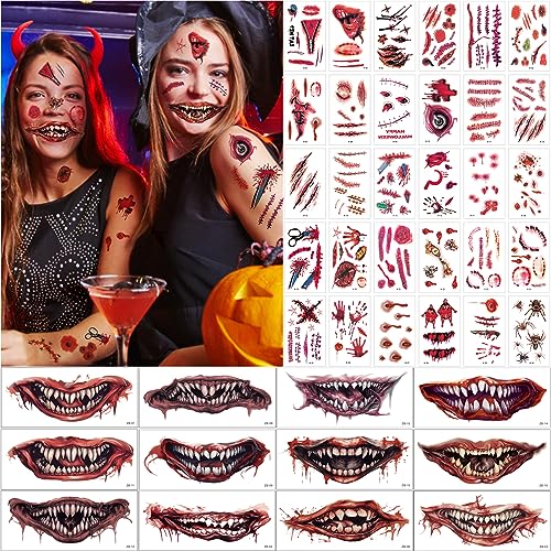 Shinybox 45 Blätter Halloween Tattoos, Halloween Mund Tattoo, Halloween Temporäre Tattoos Narben, Temporär Gesichtstattoo Halloween für Karneval, Party Deko Kostüm, Tag Der Toten von Shinybox