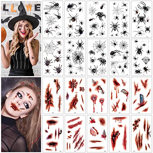 Shinybox Halloween Temporäre Tattoo Aufkleber, 20 Blatt Spinnen Temporäre Tattoos und Halloween Narben Tattoo, Schaurige Spinnweben Tattoos Karneval Spinnennetze Gesicht Tattoos Aufkleber von Shinybox