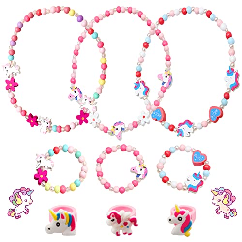 Shinybox Holz Kinder Schmuck Set, 9 Stk Einhorn Perlen Halskette und Armband, Einhorn Ring, Prinzessin Halskette Armbänder Sets, Bunte Holz Schmuck Perlen Kinderschmuck Mädchen Party Mitgebsel von Shinybox