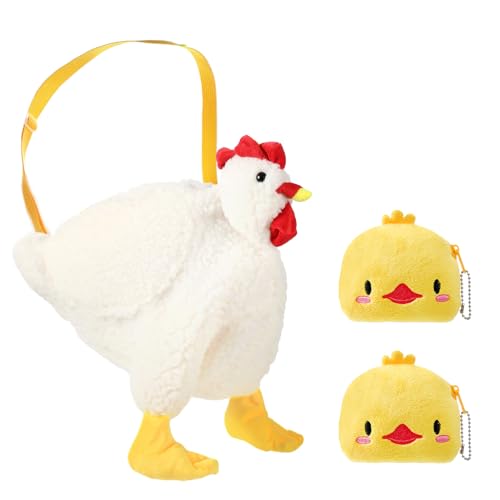 Shinylin 3 Stück Huhn-Geldbörse, Huhn-Tasche, flauschig, Cartoon, inklusive 2 niedlichen Reißverschluss-Huhn-Geldbörse, 1 x Umhängetasche, Huhn-Plüsch-Umhängetasche, Hahn-Tasche mit verstellbarem von Shinylin