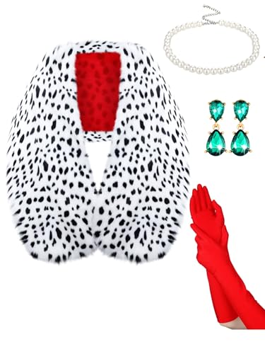 Shinymoon 6 Stücke Halloween Kostüm Frauen Dalmatiner Schal mit 1920er Jahren Handschuhe Spitze Fingerlose Handschuhe Imitation Perle Halskette Vintage Tropfen Baumeln Ohrringe und Halter für von Shinymoon