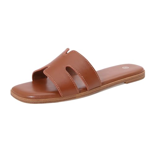 Shion ShaaYii Damen Slide Sandalen Bequeme Flache Slip On Leder Sandalen, Braun, 37 EU von Shion ShaaYii