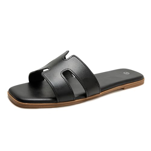 Shion ShaaYii Damen Slide Sandalen Bequeme Flache Slip On Leder Sandalen, Schwarz, 40.5 EU von Shion ShaaYii