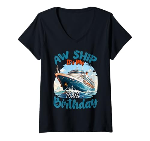 Damen 10. Geburtstag Kreuzfahrt Urlaub 10 Jahre alt Schiffsliebhaber T-Shirt mit V-Ausschnitt Damen 10. Geburtstag Kreuzfahrt Urlaub 10 Jahre alt Schiffsliebhaber T-Shirt mit V-Ausschnitt von Ship Birthday Designs for Ship Lovers