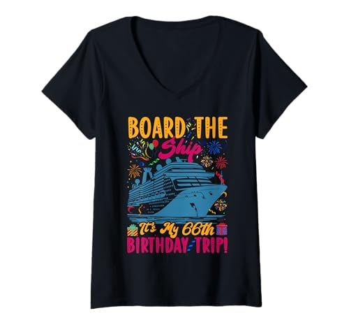 Damen 66. Geburtstag Kreuzfahrt Urlaub 66 Jahre alt Schiffsliebhaber T-Shirt mit V-Ausschnitt von Ship Birthday Designs for Ship Lovers