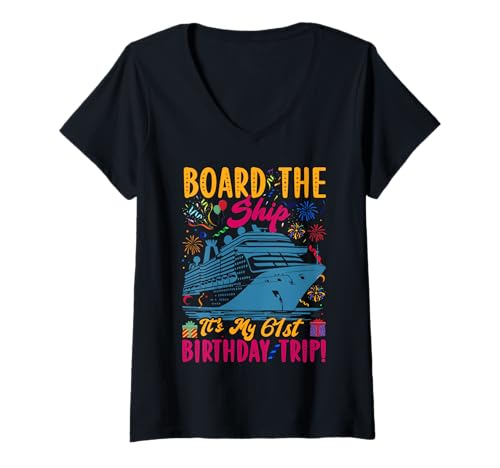 Damen Kreuzfahrturlaub zum 61. Geburtstag, 61 Jahre alter Schiffsliebhaber T-Shirt mit V-Ausschnitt Damen Kreuzfahrturlaub zum 61. Geburtstag, 61 Jahre alter Schiffsliebhaber T-Shirt mit V-Ausschnitt von Ship Birthday Designs for Ship Lovers