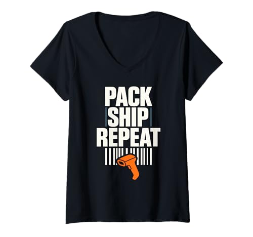 Damen Lagerarbeiter Fulfillment Picker Packer Team Lift Barcode T-Shirt mit V-Ausschnitt Damen Lagerarbeiter Fulfillment Picker Packer Team Lift Barcode T-Shirt mit V-Ausschnitt von Shipping Warehouse Ecommerce Logistics Life Crew