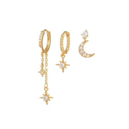 Ohrringe Set,3 Paar Vergoldet Ohrstecker Set Mond Und Die Sterne Zirkonia für Damen für mehrere Piercings zierlich hypoallergenen Zirkonia Hoop mit Anhänger minimalistische Ohrringe von Shirene
