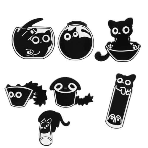 Schwarze Katzen Emaille Anstecknadeln,7 Stück Pins Anstecker Schwarze Katze Cute Pin Anstecker Niedliche Emaille Brosche mit Katzenmotiv Cartoon Tier Anstecknadel für Männer Frauen von Shirene