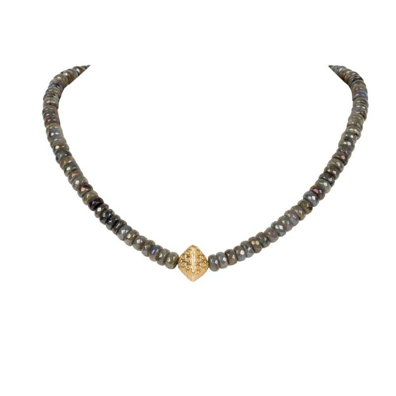 Handgefertigte Statement Halskette Damen Aus Labradorit Gold Mit Vergoldeter Designkugel von ShirinSehan