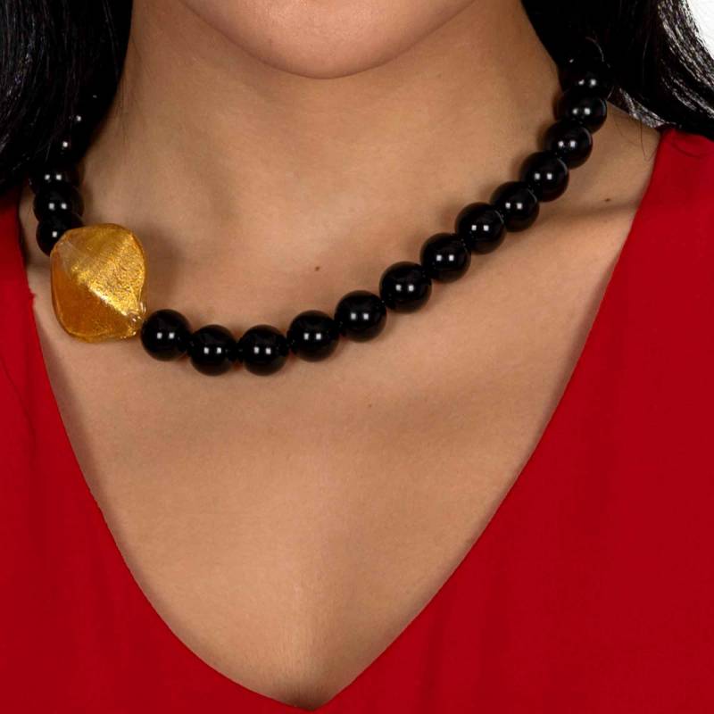 Onyx Halskette Mit Handgefertigter Original Murano Perle 24 Kt Blattgold von ShirinSehan