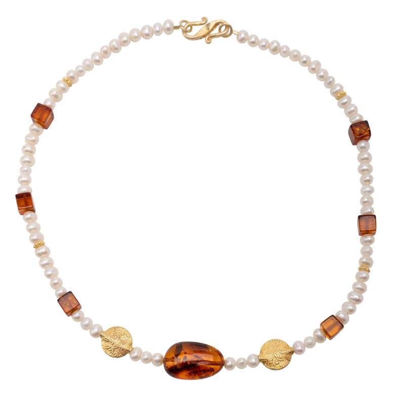 Zarte Bernstein Kette Perlenkette Statement Halskette Damen Süßwasserperlen Gold Silber Vergoldet Edelstein Heilstein von ShirinSehan