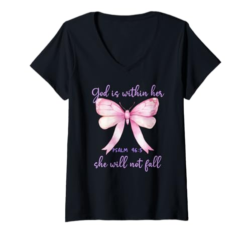 Damen God is Within Her She Will Not Fall Pink Bow Girl Psalm 46:5 T-Shirt mit V-Ausschnitt von Shirt God is Within Her Bow Phone Case Pink TShirt