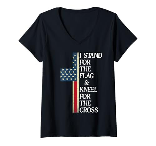 Damen I Stand for The Flag and Kneel for The Cross USA Freedom God T-Shirt mit V-Ausschnitt von Shirt I Stand for the Flag Kneel for the Cross Tee