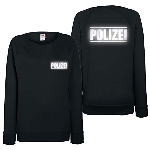 Shirt-Panda Damen Polizei Sweatshirt Druck mit Streifen Brust & Rücken Schwarz (Druck Reflex) S von Shirt-Panda