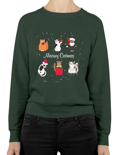Shirt-Panda Damen Weihnachten Sweater - Meowy Catmas - Frauen Christmas Pullover - Süßes Outfit für Weihnachtsfeier Dunkelgrün M von Shirt-Panda