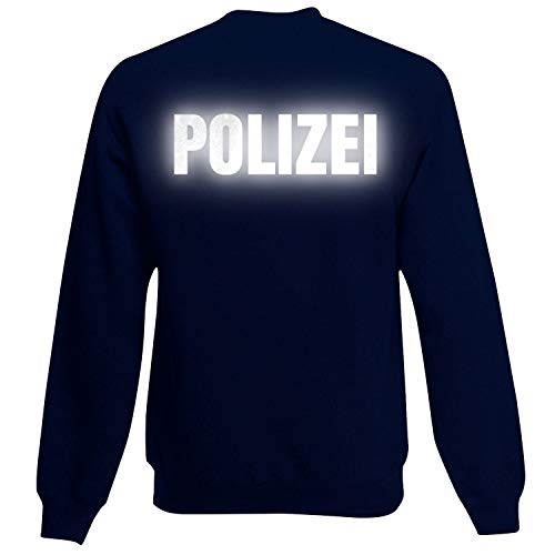 Shirt-Panda Herren Polizei Sweatshirt · Druck Brust & Rücken · Polizisten Pullover · Pulli für Polizeileute · Reflex · 80% Baumwolle · Police Sweater · Dunkelblau (Druck Reflex) XL von Shirt-Panda