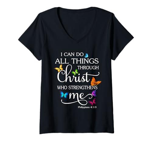Damen I Can Do All Things Through Christ Butterfly Art – Religiös T-Shirt mit V-Ausschnitt von Shirt Sighted