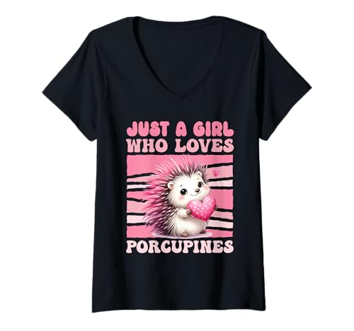 Damen Stachelschwein JUST A GIRL WHO LOVES PORCUPINES Porcupine T-Shirt mit V-Ausschnitt Damen Stachelschwein JUST A GIRL WHO LOVES PORCUPINES Porcupine T-Shirt mit V-Ausschnitt von Shirt Stachelschwein Kostüm Stachelschweine Fan