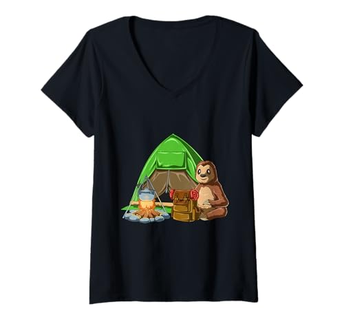 Damen Lustiges Faultier Wandern Camping T-Shirt mit V-Ausschnitt von Shirt für Wandern und Camping