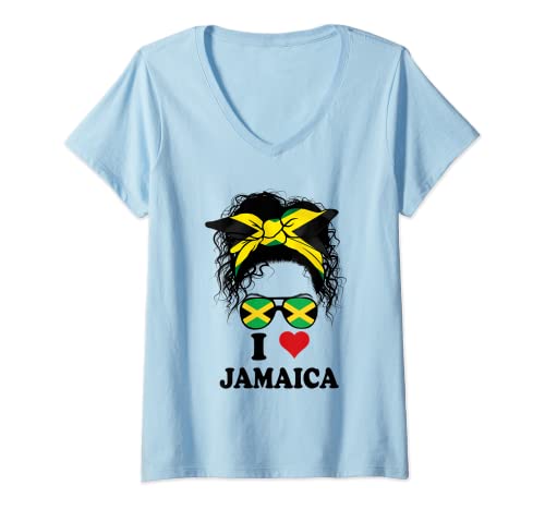 Damen Messy Bun Hair I Love Jamaika Flagge Karibik Party T-Shirt mit V-Ausschnitt von Shirt