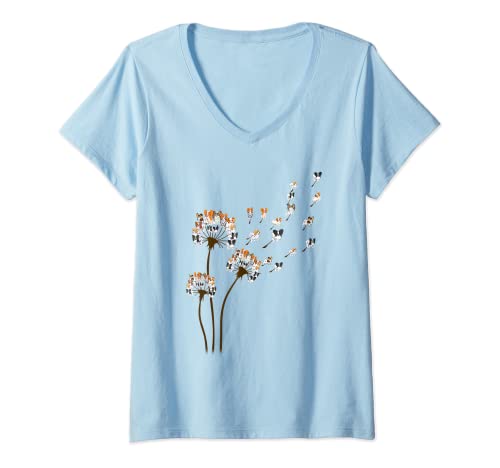 Damen Papillon Hunde-Hemd mit Blumen-Motiv, Pusteblume T-Shirt mit V-Ausschnitt von Shirt