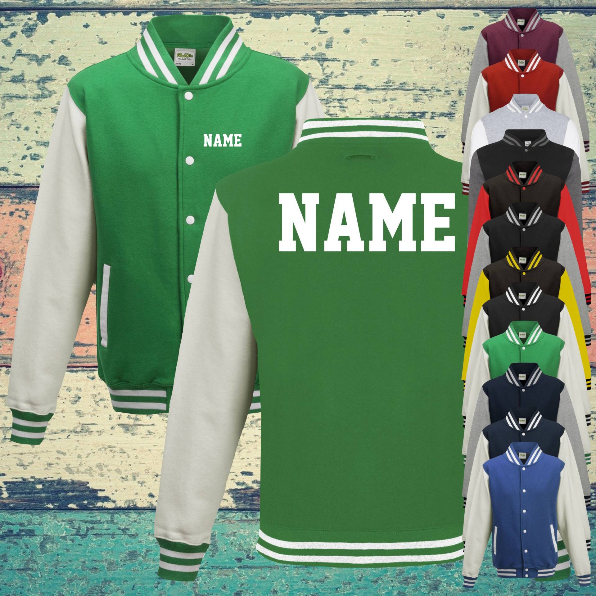 College Jacke Mit Wunschdruck Auf Der Vorderseite Und Rückseite Name Trainings Sport Verein Varsity Jacket College Jacke Mit Wunschdruck Auf Der Vorderseite Und Rückseite Name Trainings Sport Verein Varsity Jacket von ShirtInStyle