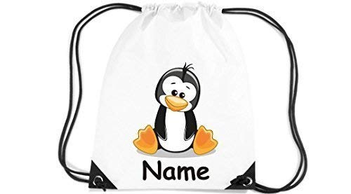 Kinder Gym Sack Turnbeutel Tiermotiv Pinguin mit Wunschnamen Farbe Weiss von Shirtinstyle