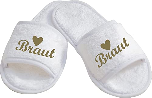 ShirtInStyle Schlappen Slipper JGA Braut, Hausschuhe, Hochzeit, Junggesellenabschied, Junggesellinnenabschied, Geschenk, Überraschung, Farbe Weiss Gold Größe 36-42 von ShirtInStyle