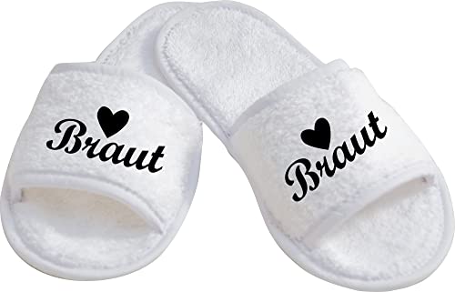 ShirtInStyle Schlappen Slipper JGA Braut, Hausschuhe, Hochzeit, Junggesellenabschied, Junggesellinnenabschied, Geschenk, Überraschung, Farbe Weiss Schwarz Größe 36-42 von ShirtInStyle