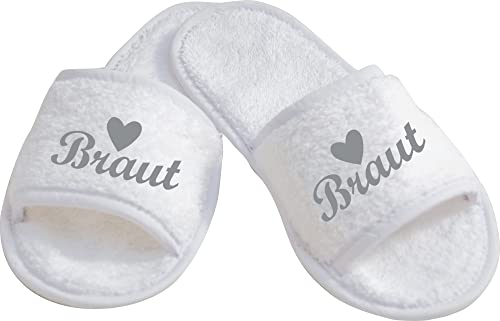 ShirtInStyle Schlappen Slipper JGA Braut, Hausschuhe, Hochzeit, Junggesellenabschied, Junggesellinnenabschied, Geschenk, Überraschung, Farbe Weiss Silber Größe 36-42 von ShirtInStyle