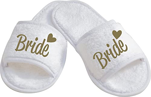 ShirtInStyle Schlappen Slipper JGA Bride, Hausschuhe, Hochzeit, Junggesellenabschied, Junggesellinnenabschied, Geschenk, Überraschung, Farbe Weiss Gold Größe 36-42 von ShirtInStyle