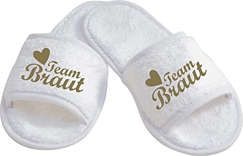 ShirtInStyle Schlappen Slipper JGA Team Braut, Hausschuhe, Hochzeit, Junggesellenabschied, Junggesellinnenabschied, Geschenk, Überraschung, Farbe Weiss Gold Größe 36-42 von ShirtInStyle