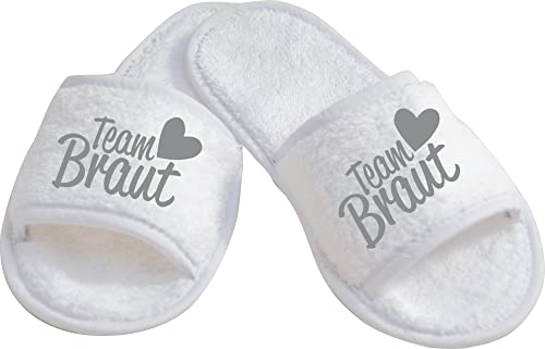 ShirtInStyle Schlappen Slipper JGA Team Braut, Hausschuhe, Hochzeit, Junggesellenabschied, Junggesellinnenabschied, Geschenk, Überraschung, Farbe Weiss Silber Größe 36-42 von ShirtInStyle