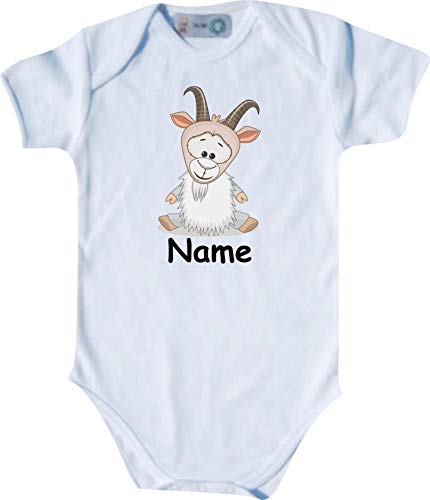 ShirtInStyle Baby Body Tiermotiv Ziege mit Wunschnamen Wunschtext, Babybody Jungen Mädchen Natur Tiere, Farbe Weiss, Größe 74-80 von ShirtInStyle