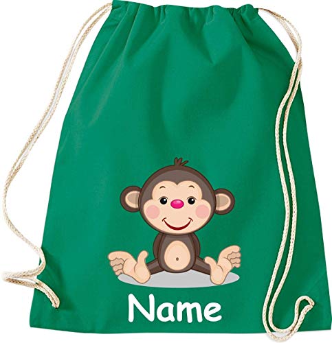 ShirtInStyle Gym Sack Kinder Turnbeutel Tiere Affe mit Wunschnamen, Beutel Tasche, Farbe Kellygreen von ShirtInStyle