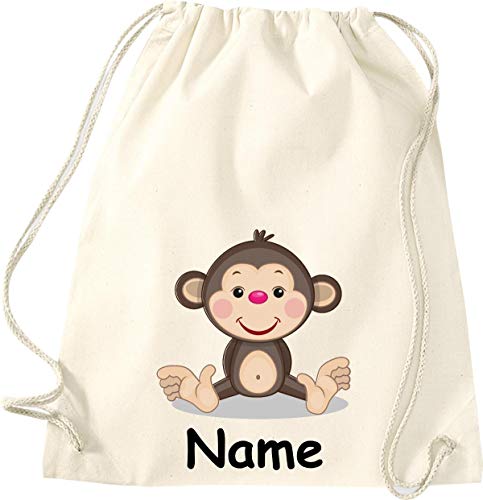 ShirtInStyle Gym Sack Kinder Turnbeutel Tiere Affe mit Wunschnamen, Beutel Tasche Hort Kita, Farbe Natur von ShirtInStyle