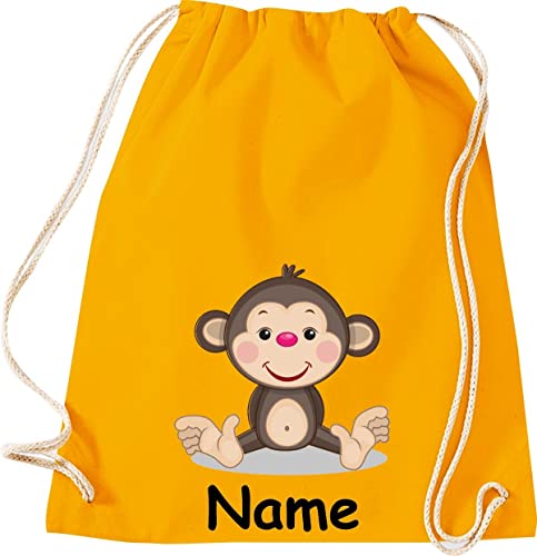 ShirtInStyle Gym Sack Kinder Turnbeutel Tiere Affe mit Wunschnamen, Beutel Tasche Hort Kita, Farbe mustard von ShirtInStyle