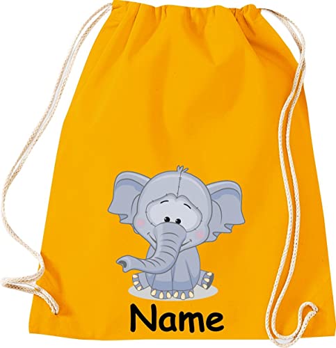 ShirtInStyle Gym Sack Kinder Turnbeutel Tiere Elefant mit Wunschnamen, Beutel Tasche Hort Kita, Farbe mustard von ShirtInStyle