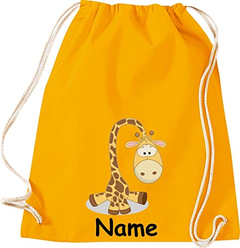 ShirtInStyle Gym Sack Kinder Turnbeutel Tiere Giraffe mit Wunschnamen, Beutel Tasche Hort Kita, Farbe mustard von ShirtInStyle