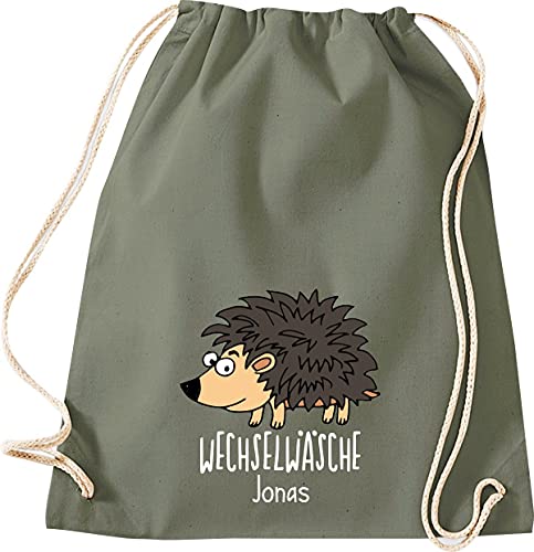 ShirtInStyle Kinder Turnbeutel, lustige Tiere Igel, Wechselwäsche mit Wunschtext, Kinder, Tiere Zoo Kindertag Familie, Gym Sack Tasche Beutel, Farbe olive von ShirtInStyle