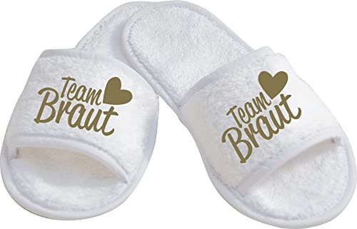 ShirtInStyle Schlappen Slipper JGA Team Braut, Hausschuhe, Hochzeit, Junggesellenabschied, Junggesellinnenabschied, Geschenk, Überraschung, Farbe Weiss Gold Größe 36-42 von ShirtInStyle