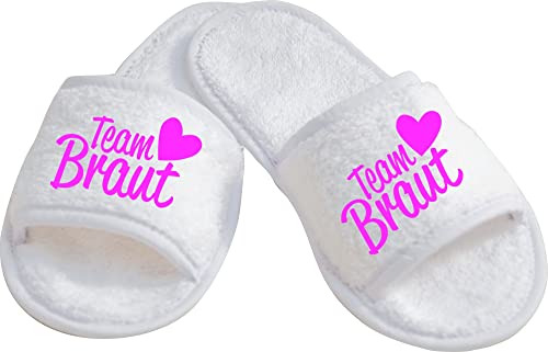 ShirtInStyle Schlappen Slipper JGA Team Braut, Hausschuhe, Hochzeit, Junggesellenabschied, Junggesellinnenabschied, Geschenk, Überraschung, Farbe Weiss Pink Größe 36-42 von ShirtInStyle