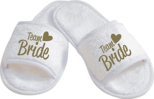 ShirtInStyle Schlappen Slipper JGA Team Bride, Hausschuhe, Hochzeit, Junggesellenabschied, Junggesellinnenabschied, Geschenk, Überraschung, Farbe Weiss Gold Größe 36-42 von ShirtInStyle