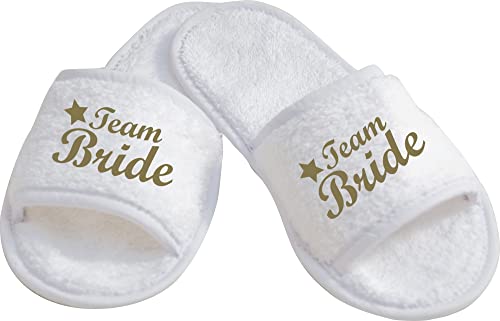 ShirtInStyle Schlappen Slipper JGA Team Bride, Hausschuhe, Hochzeit, Junggesellenabschied, Junggesellinnenabschied, Geschenk, Überraschung, Farbe Weiss Gold Größe 36-42 von ShirtInStyle