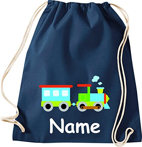 ShirtInStyle Turnbeutel, Lokomotive Lok mit Wunschnamen, Kinder, Stoffbeutel, Kinderrucksack, Jute, Gymsack, Farbe Blau von ShirtInStyle