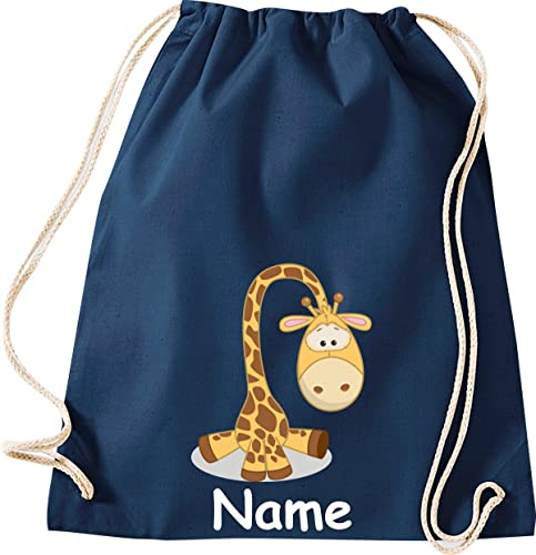 ShirtInStyle Turnbeutel, Tiere Giraffe mit Wunschnamen, Kinder, Stoffbeutel, Kinderrucksack, Jute, Gymsack, Farbe Blau von ShirtInStyle