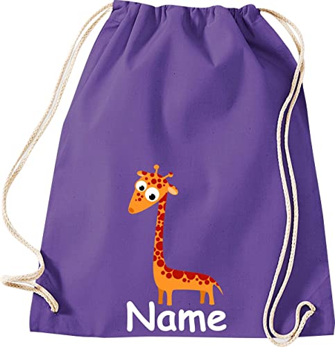 ShirtInStyle Turnbeutel, Tiere Giraffe mit Wunschnamen, Kinder, Stoffbeutel, Kinderrucksack, Jute, Gymsack, Farbe purple von ShirtInStyle